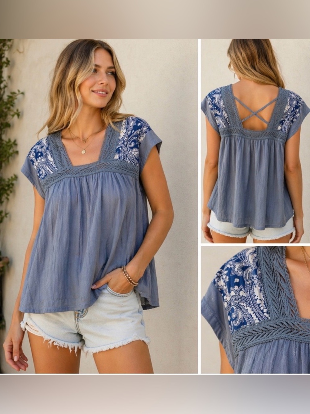 Umgee Blue Boho Babydoll Top Paisley Lace Trim Crisscross Back size small